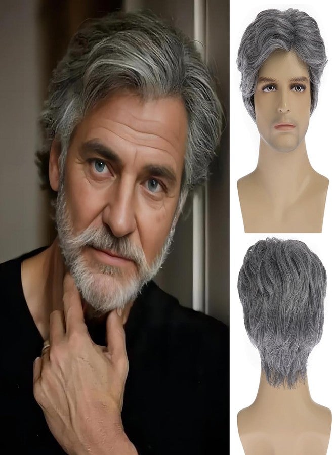 Dsimeig Mens Wig Grey Hair Short Layered Synthetic Natural Wigs for Halloween Party Costume - Image 1